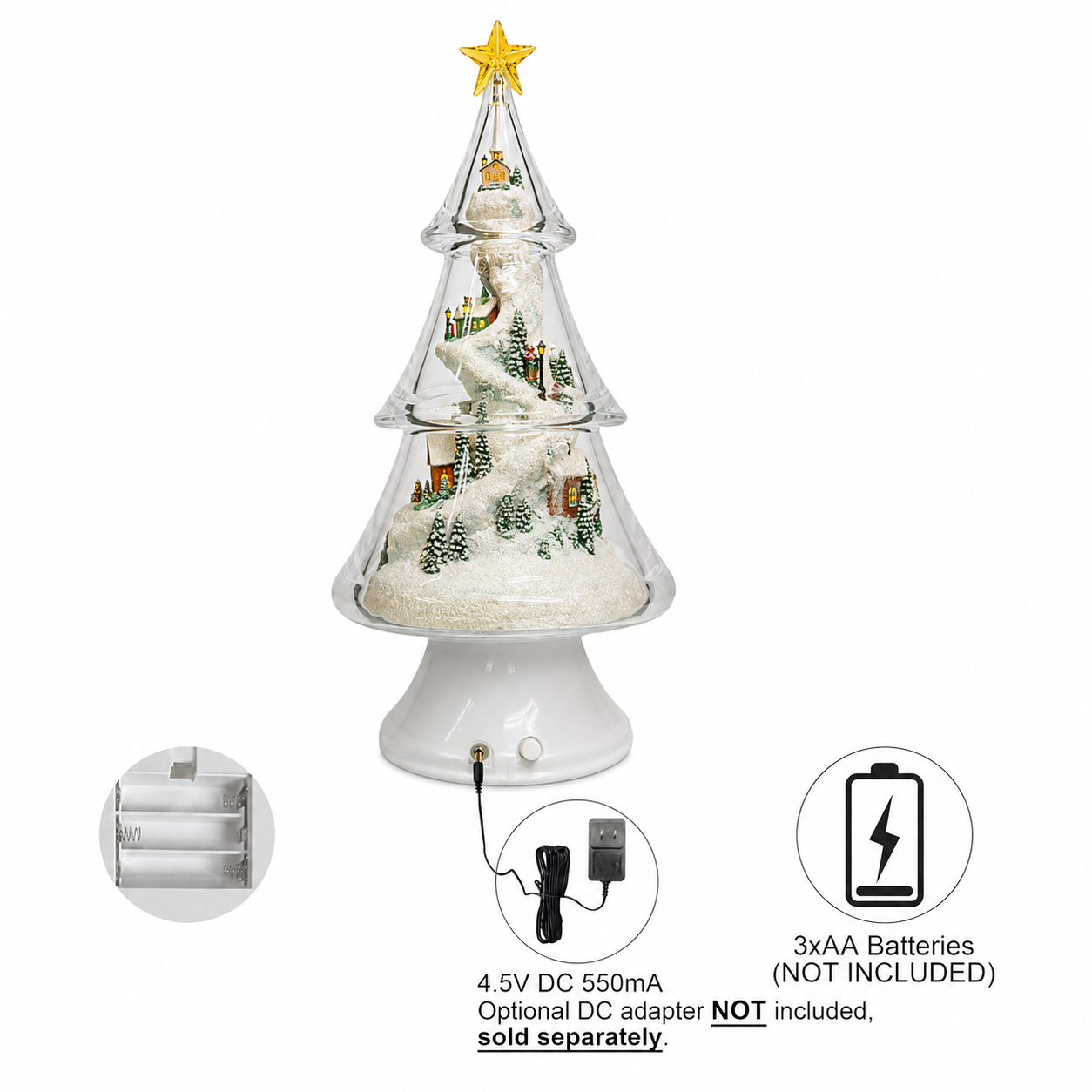 Acrylic Multi-Tiered Tree with Mountain Villages Scene with Christmas Music, LED Lights