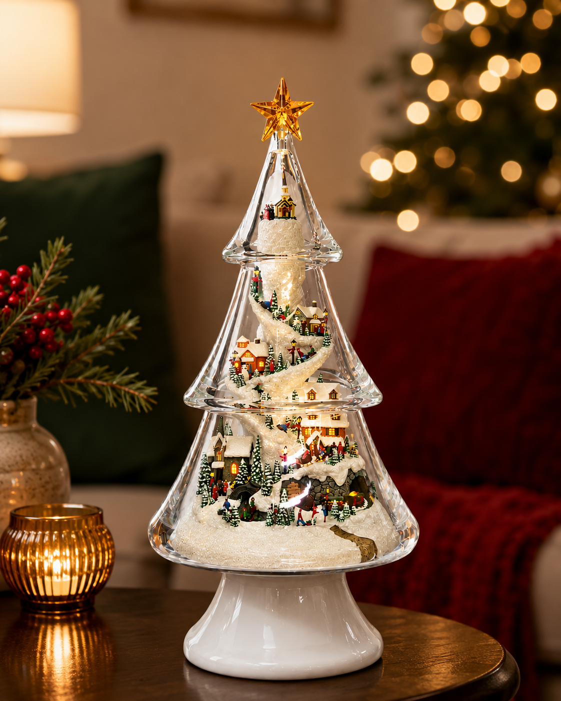 Acrylic Multi-Tiered Tree with Mountain Villages Scene with Christmas Music, LED Lights