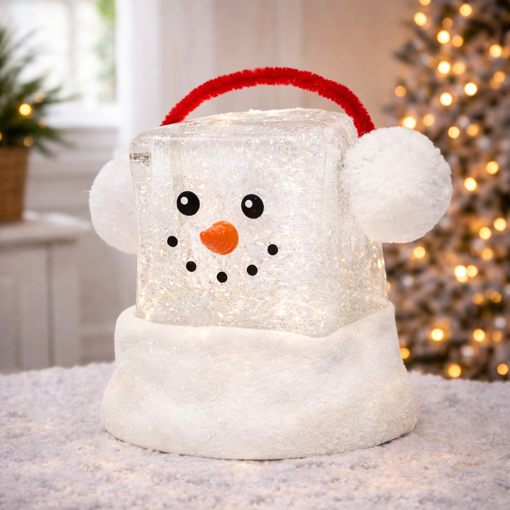 Acrylic Ice Cube Snowman LED Lighted Water Spinning Glitter Decoration