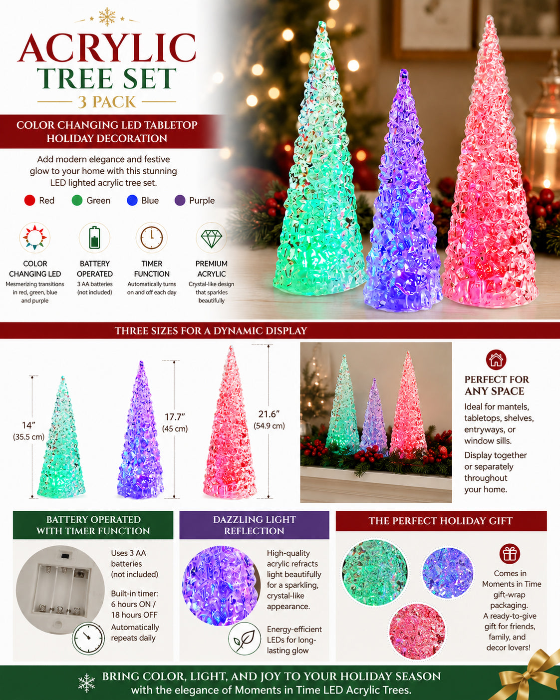 Acrylic Tree Set 3 Pack Color Changing Tabletop Holiday Decoration LED Lighted