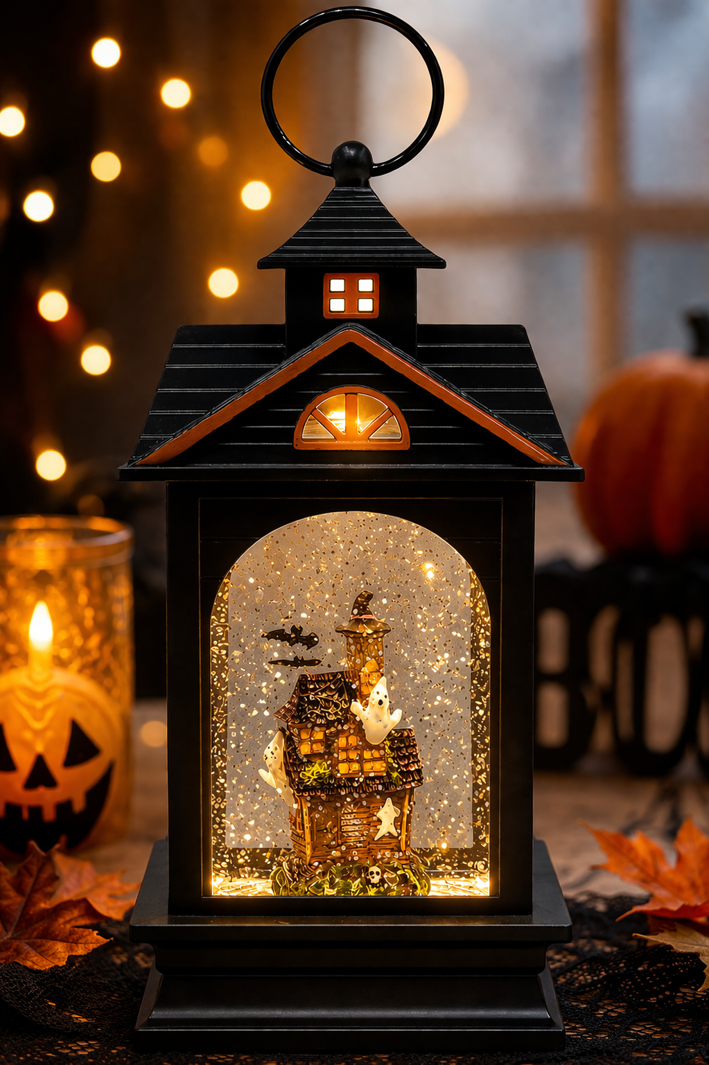 Midnight Manor 9.25” H Acrylic Water Spinning Snow Globe Halloween Lantern with Water Glittering