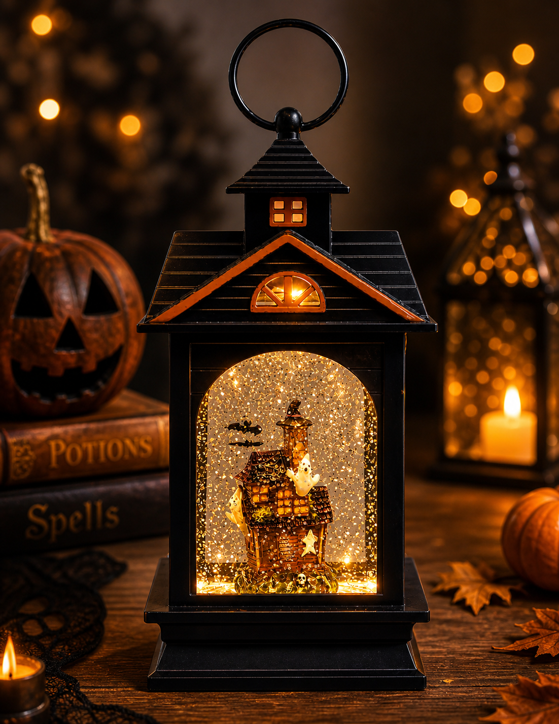 Midnight Manor 9.25” H Acrylic Water Spinning Snow Globe Halloween Lantern with Water Glittering