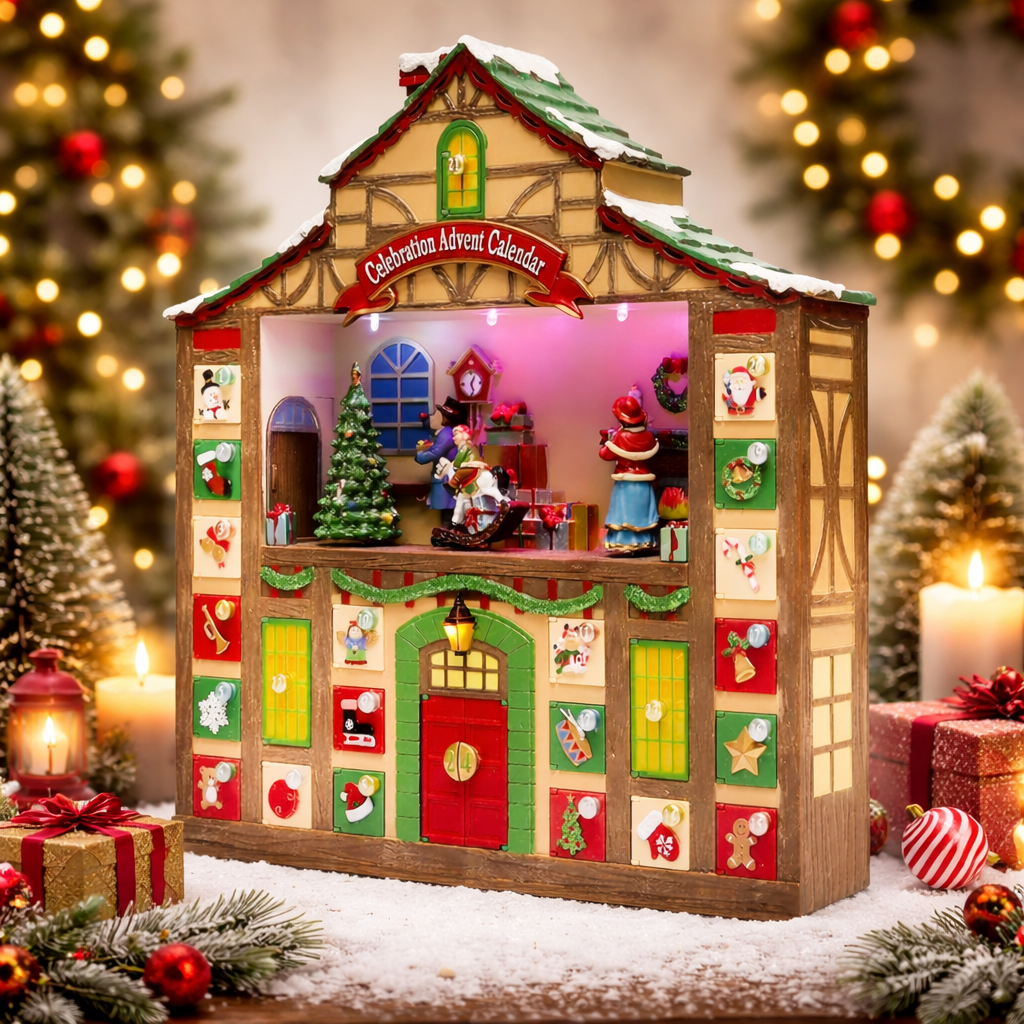 Animated Advent Calendar House, Tabletop Decor with LED Lights and Christmas Music