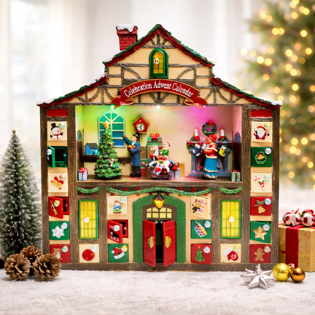 Animated Advent Calendar House, Tabletop Decor with LED Lights and Christmas Music