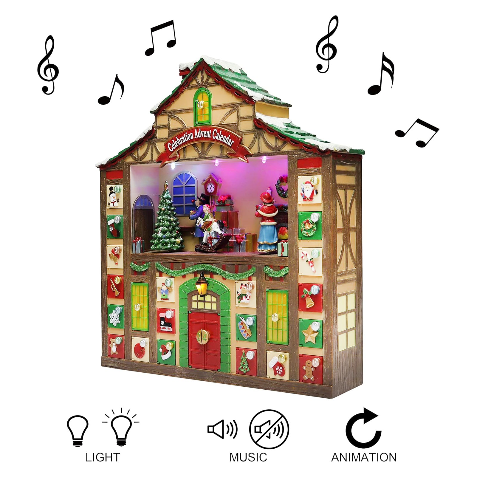 Animated Advent Calendar House, Tabletop Decor with LED Lights and Christmas Music