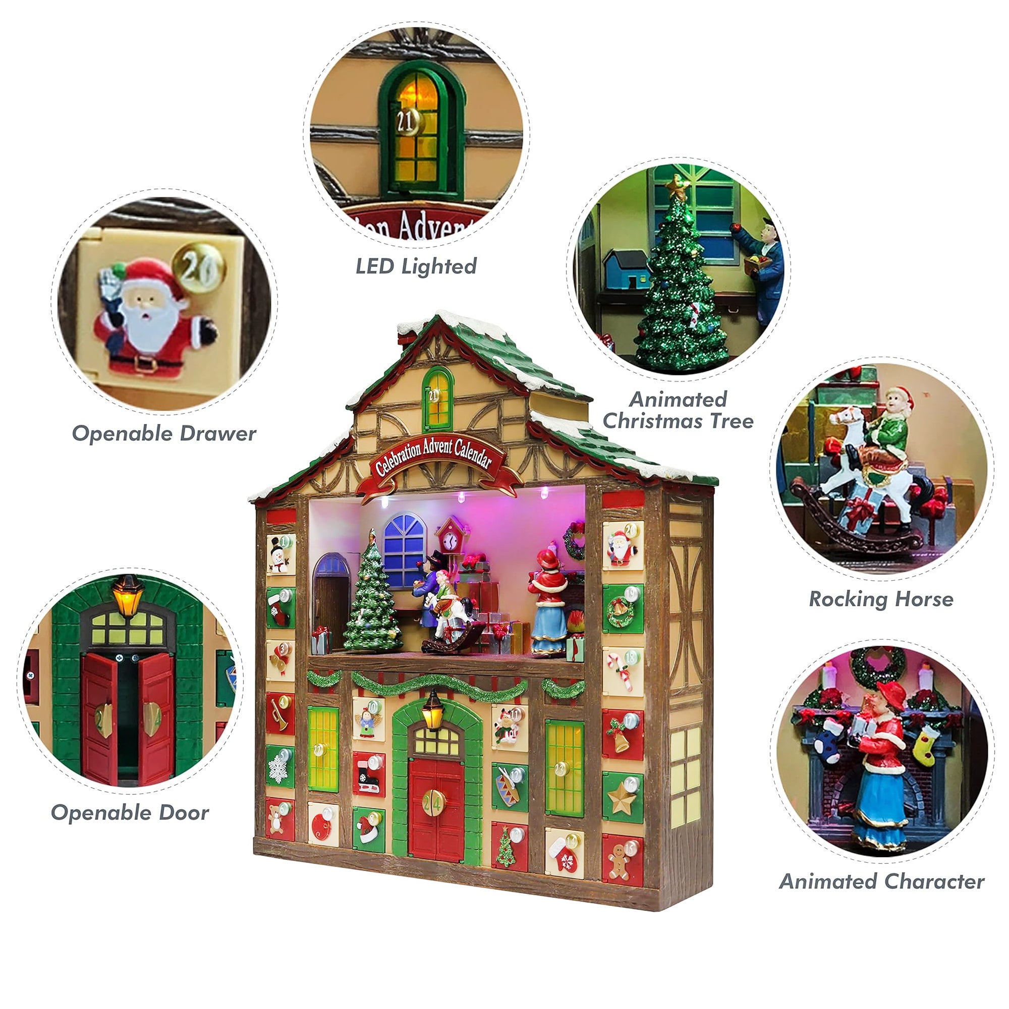 Animated Advent Calendar House, Tabletop Decor with LED Lights and Christmas Music