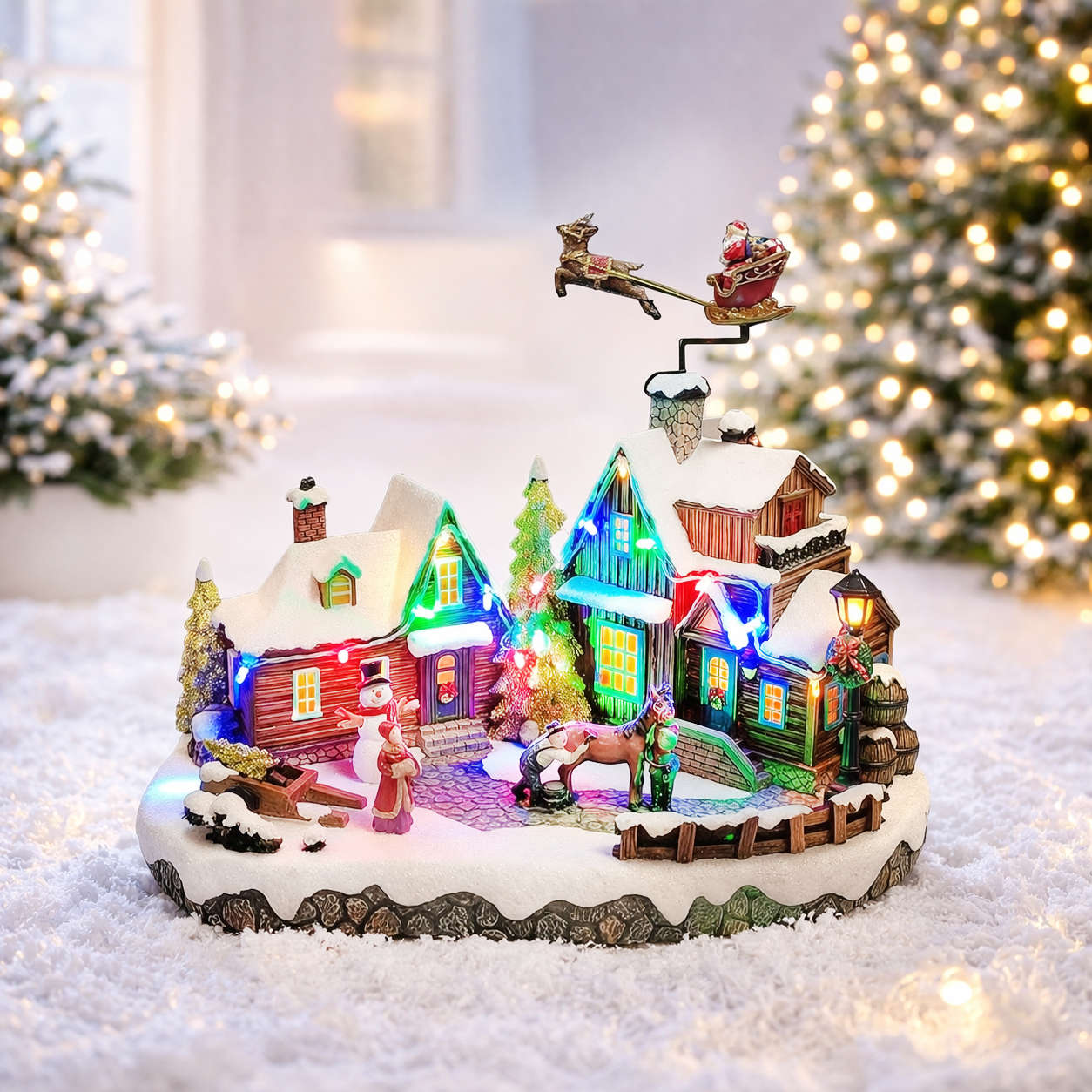 Animated Christmas Village Scene Santa & Reindeer Flying Over Homes Musical Light Up Decoration