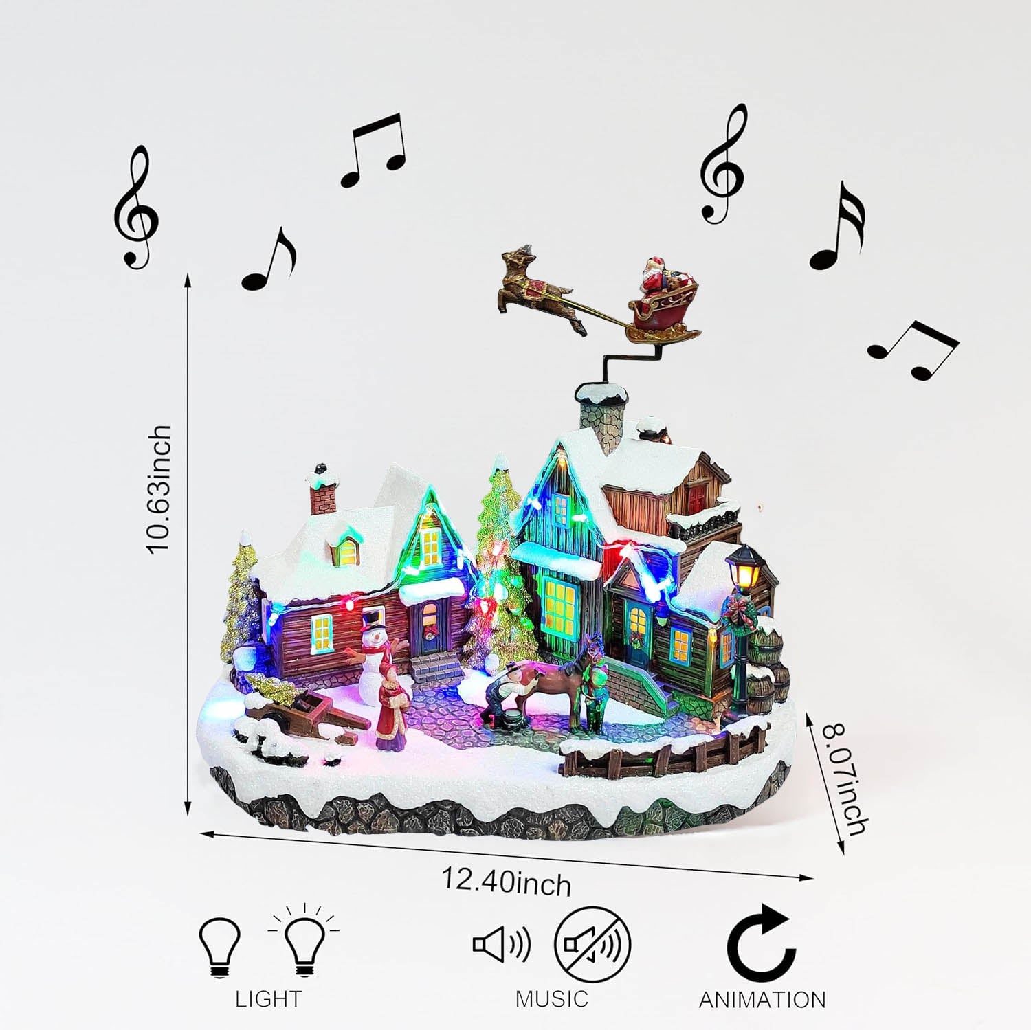Animated Christmas Village Scene Santa & Reindeer Flying Over Homes Musical Light Up Decoration