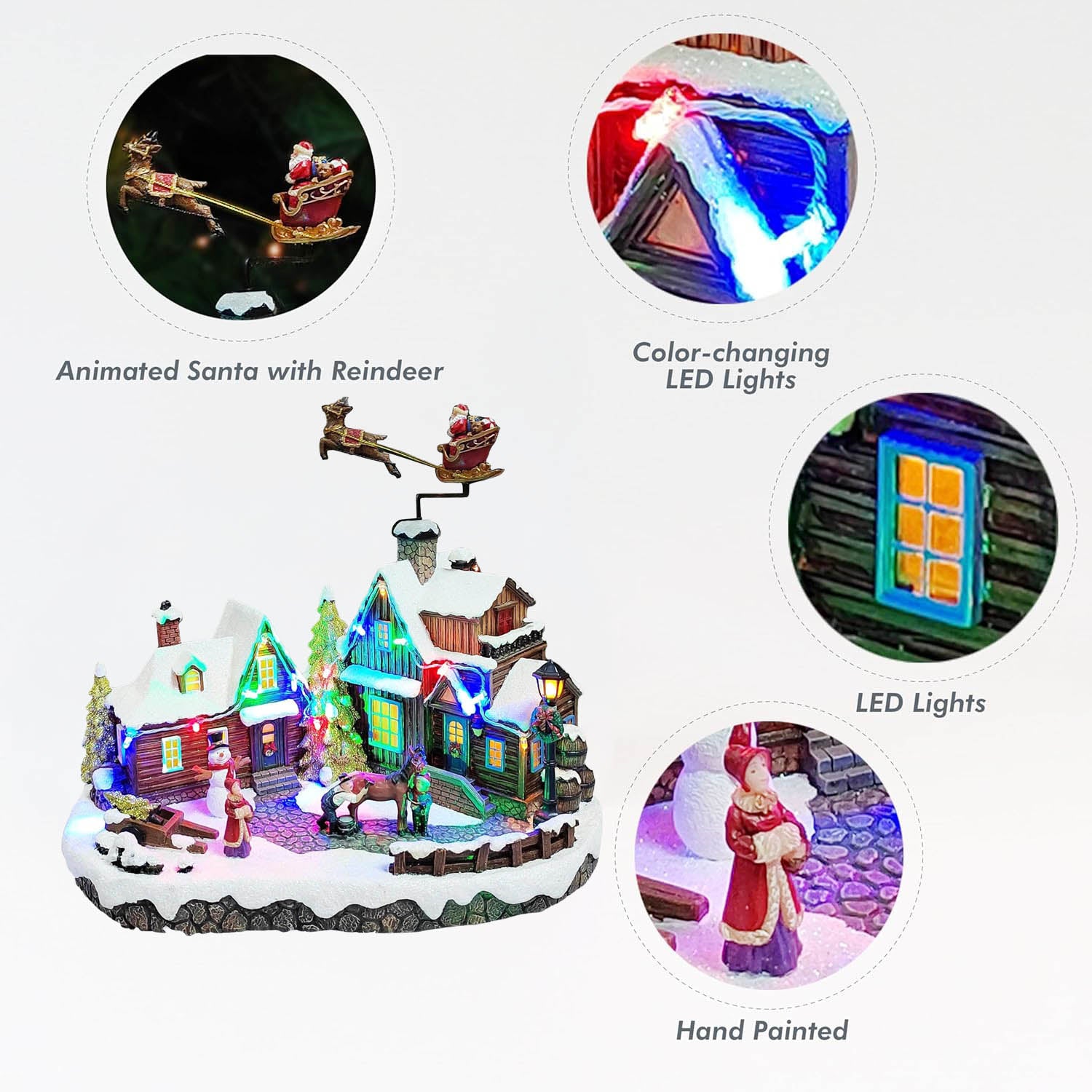 Animated Christmas Village Scene Santa & Reindeer Flying Over Homes Musical Light Up Decoration