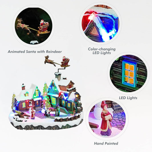 Animated Christmas Village Scene Santa & Reindeer Flying Over Homes Musical Light Up Decoration