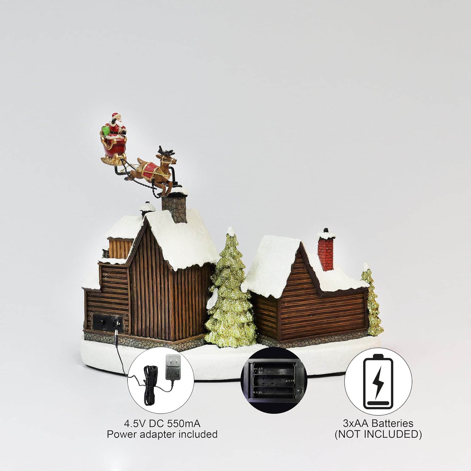 Animated Christmas Village Scene Santa & Reindeer Flying Over Homes Musical Light Up Decoration