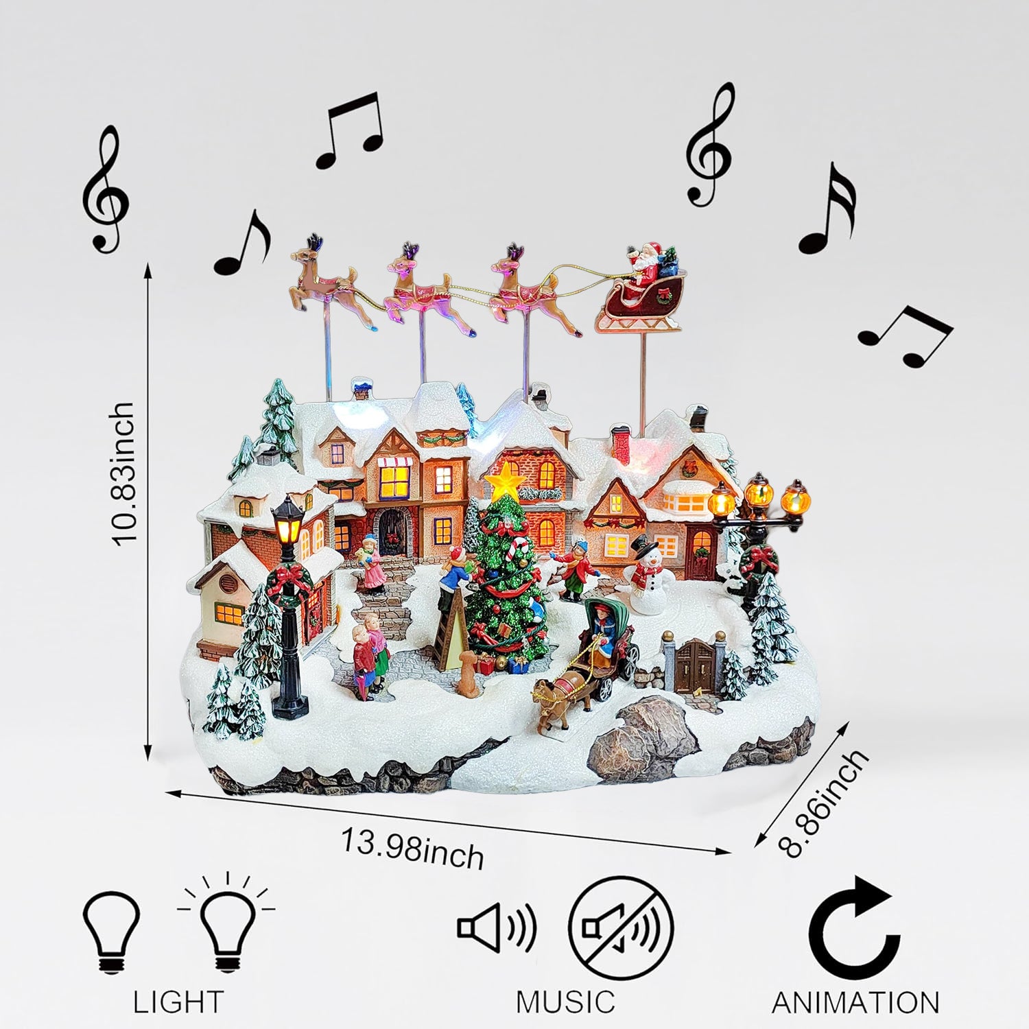 Animated Christmas Village with Santa Sleigh & Reindeer Lighted Polyresin Holiday Scene with LED Lights & Music Adaptor Included