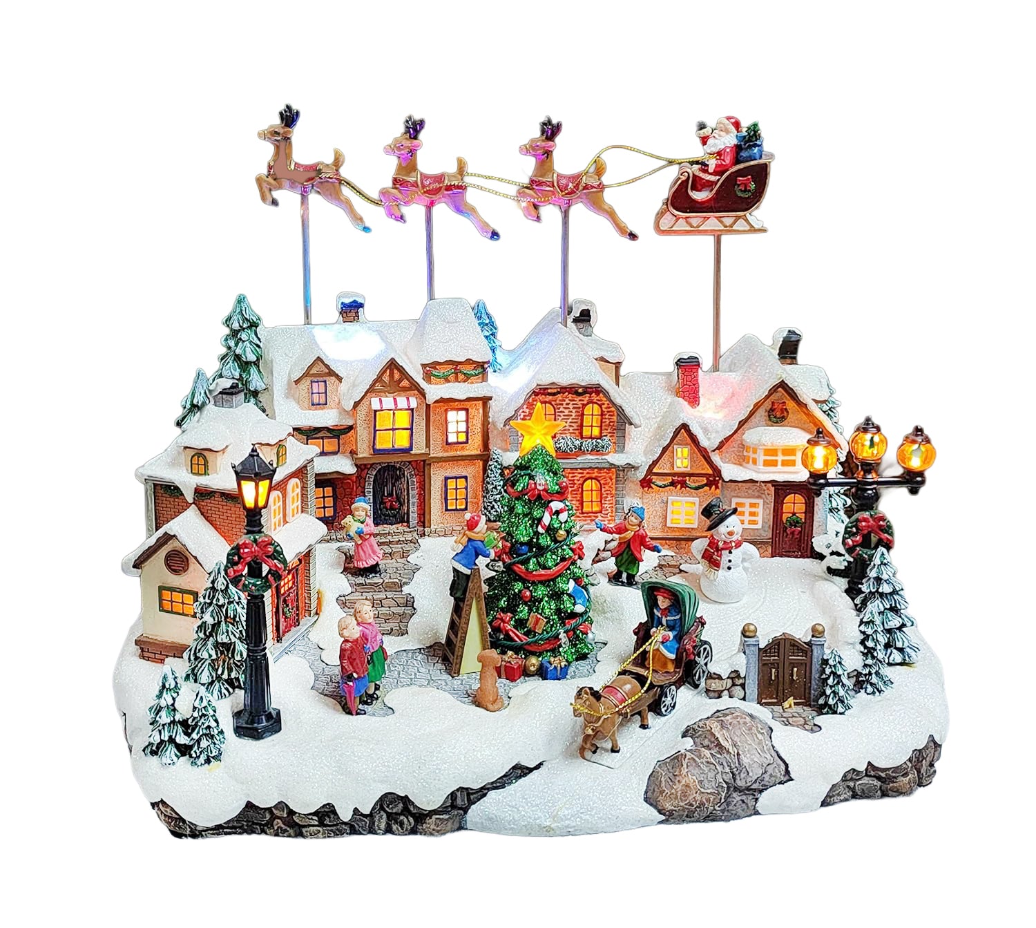 Animated Christmas Village with Santa Sleigh & Reindeer Lighted Polyresin Holiday Scene with LED Lights & Music Adaptor Included