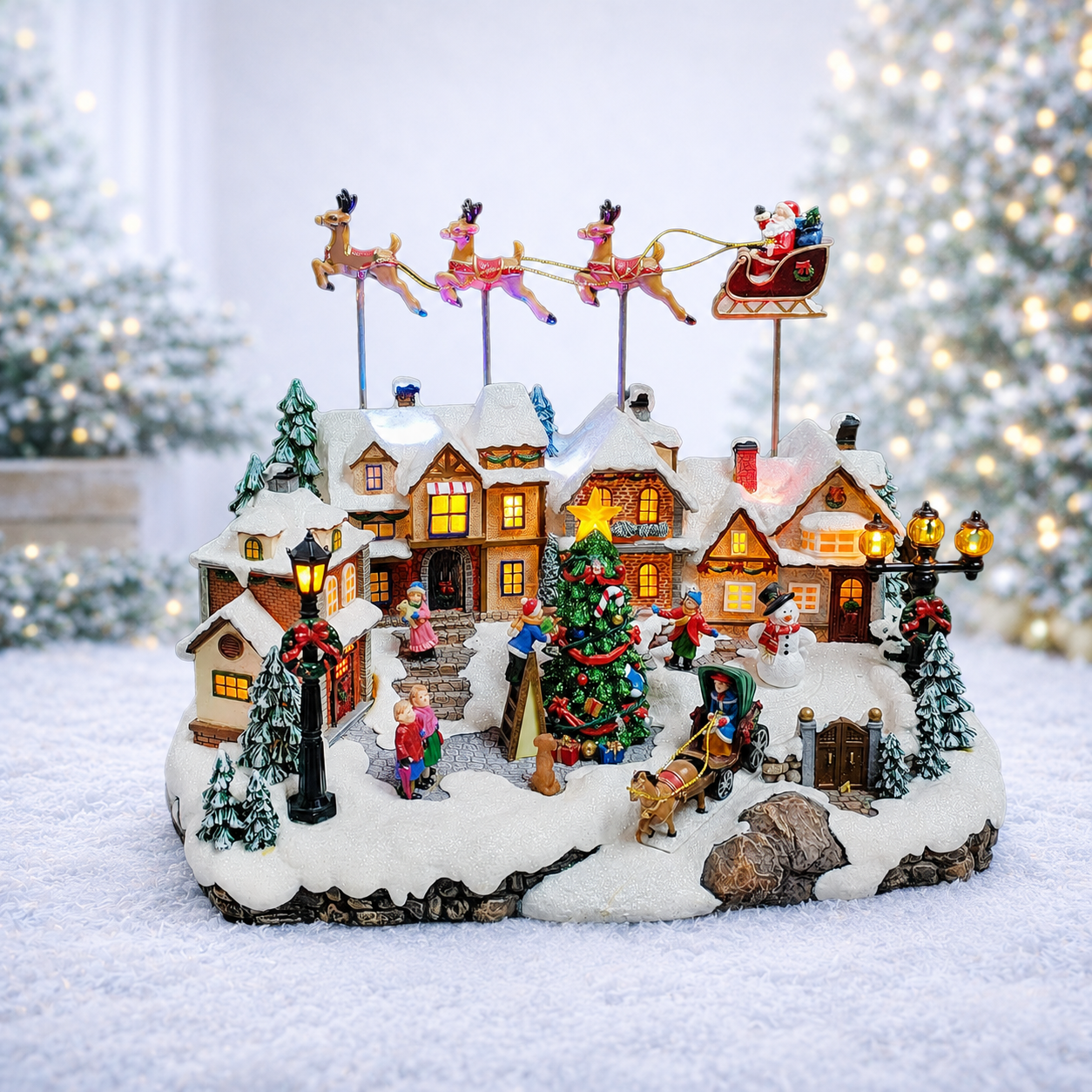 Animated Christmas Village with Santa Sleigh & Reindeer Lighted Polyresin Holiday Scene with LED Lights & Music Adaptor Included