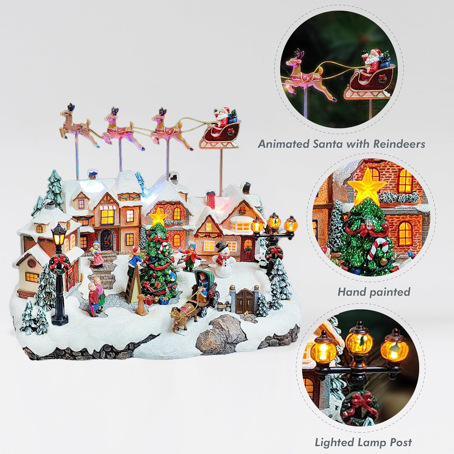 Animated Christmas Village with Santa Sleigh & Reindeer Lighted Polyresin Holiday Scene with LED Lights & Music Adaptor Included