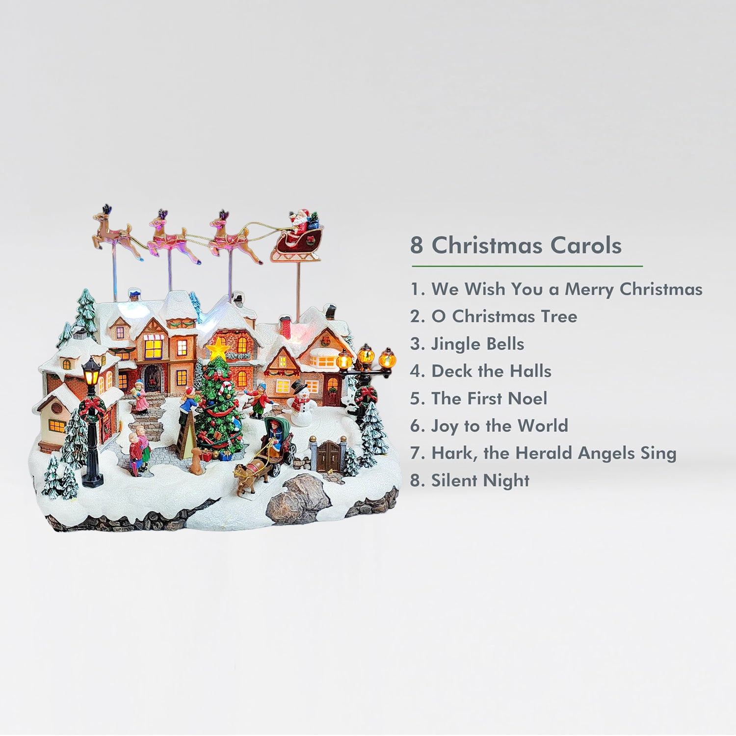 Animated Christmas Village with Santa Sleigh & Reindeer Lighted Polyresin Holiday Scene with LED Lights & Music Adaptor Included