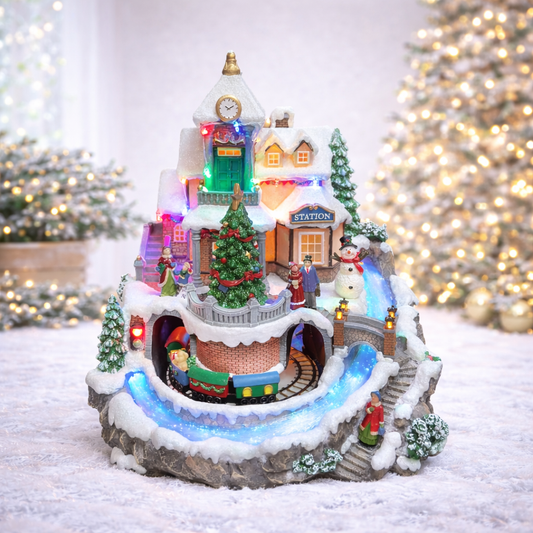 Animated Christmas Village with Train Station LED Lighted Musical Holiday Scene with Moving Train