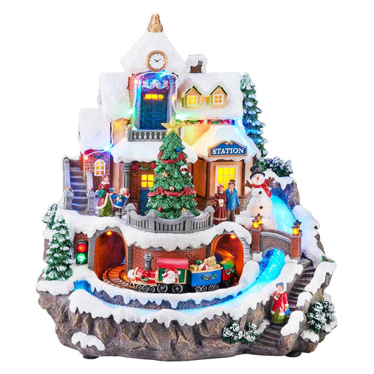 Animated Christmas Village with Train Station LED Lighted Musical Holiday Scene with Moving Train