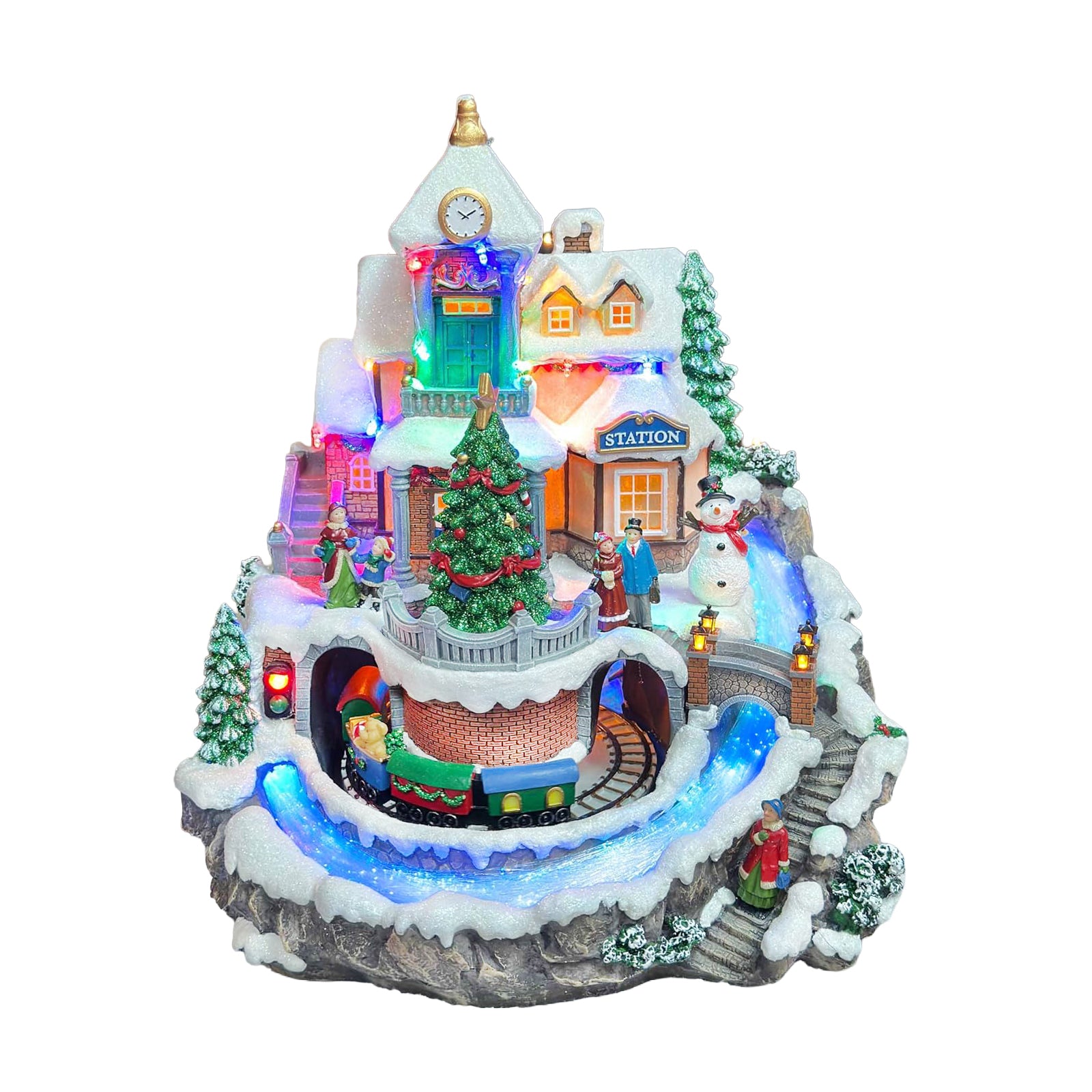 Animated Christmas Village with Train Station LED Lighted Musical Holiday Scene with Moving Train