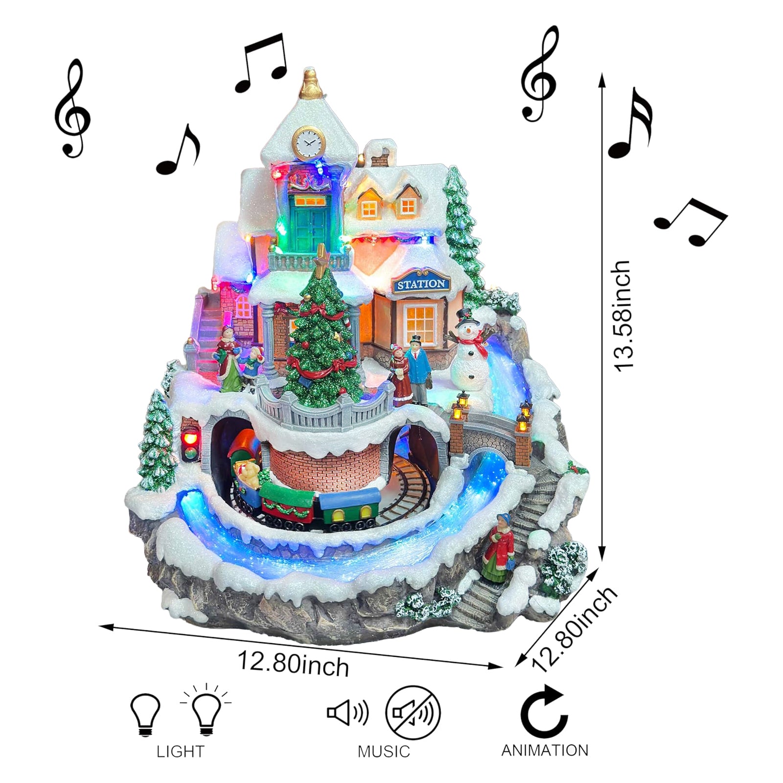 Animated Christmas Village with Train Station LED Lighted Musical Holiday Scene with Moving Train
