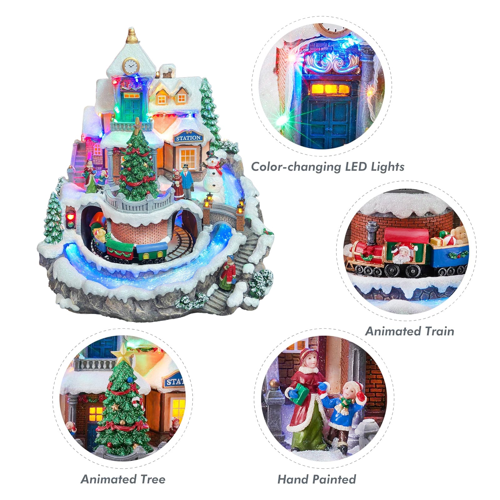 Animated Christmas Village with Train Station LED Lighted Musical Holiday Scene with Moving Train