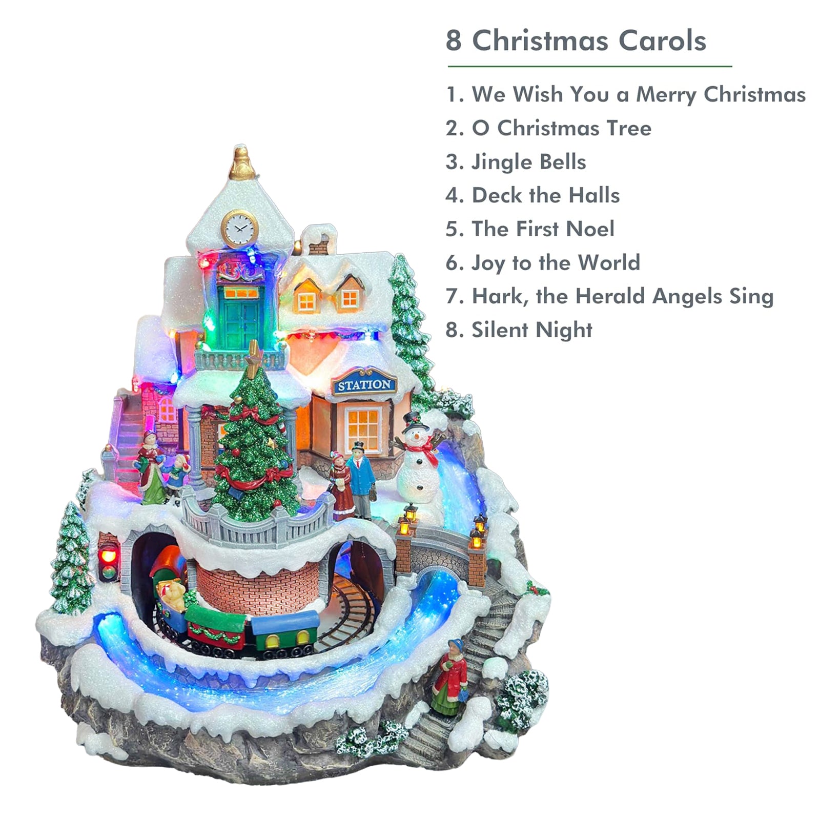 Animated Christmas Village with Train Station LED Lighted Musical Holiday Scene with Moving Train