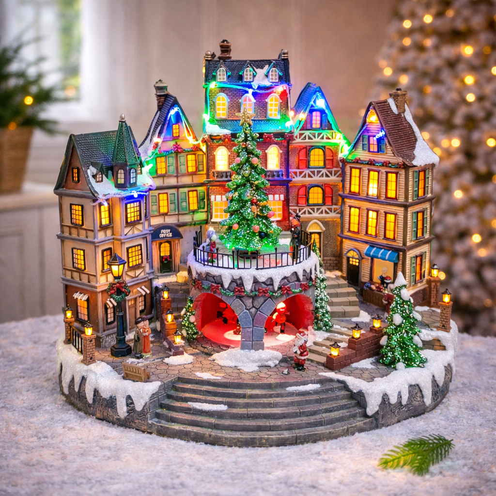 Animated City Hall Town Center 12.6” Lighted Christmas Village Building with Rotating Tree, LED Lights, Music & Adapter