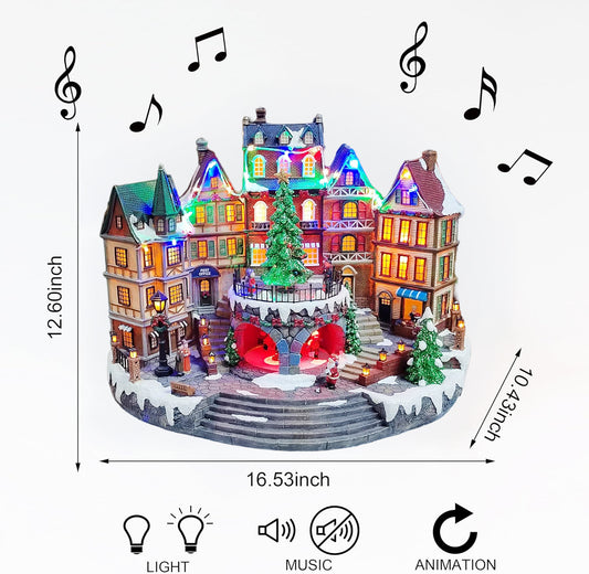 Animated City Hall Town Center 12.6” Lighted Christmas Village Building with Rotating Tree, LED Lights, Music & Adapter