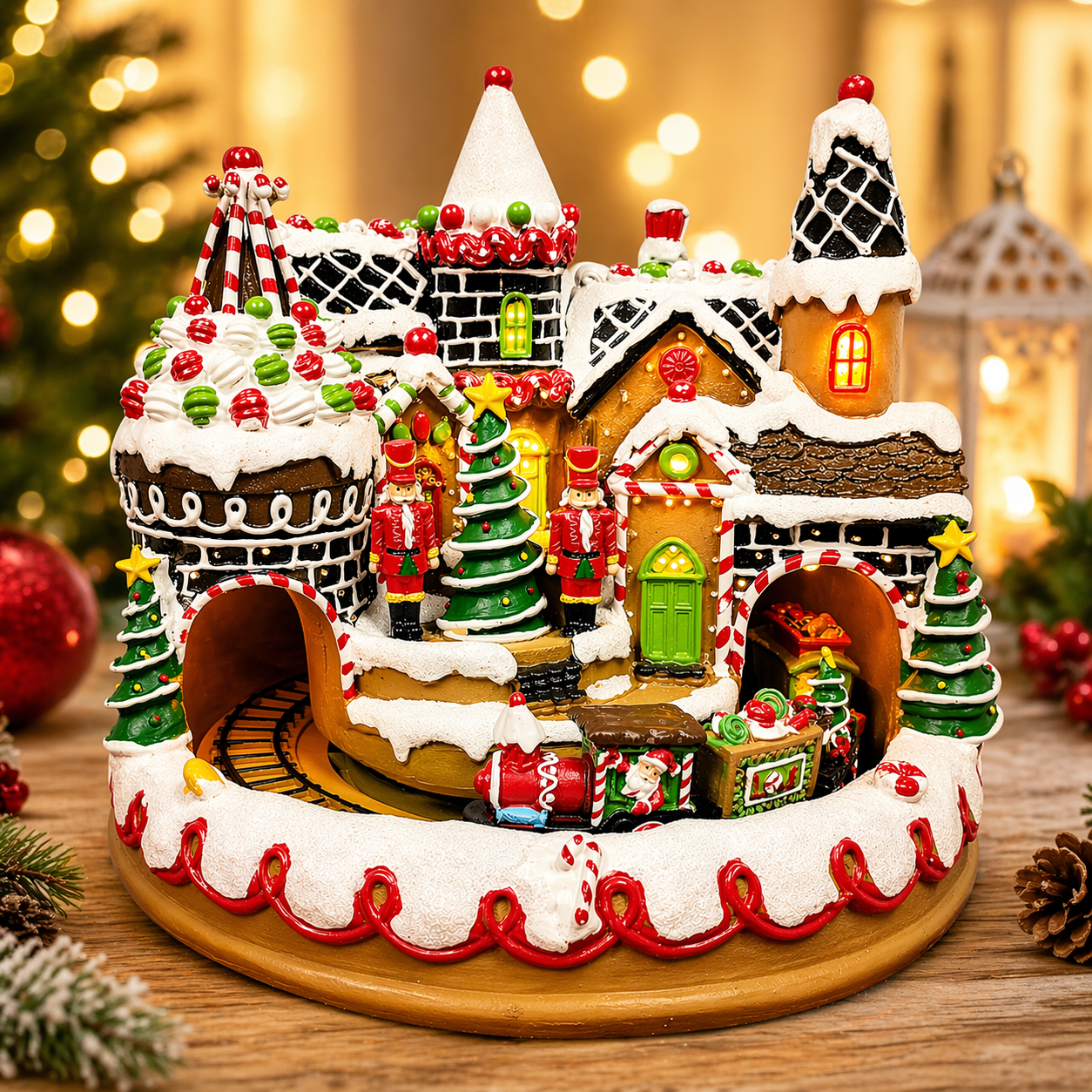 Animated Gingerbread Train Station 10.63” with Moving Train