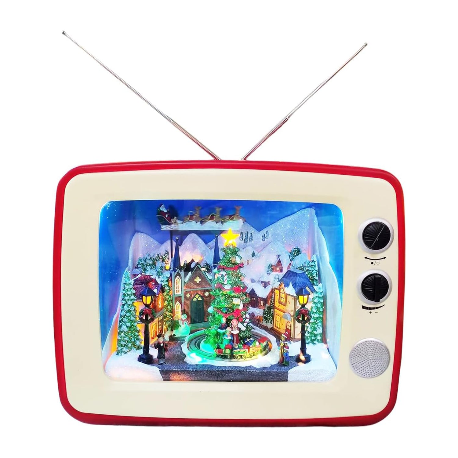 Animated Red Retro TV Christmas Decoration LED Lighted Holiday Scene with Santa Sleigh & Train