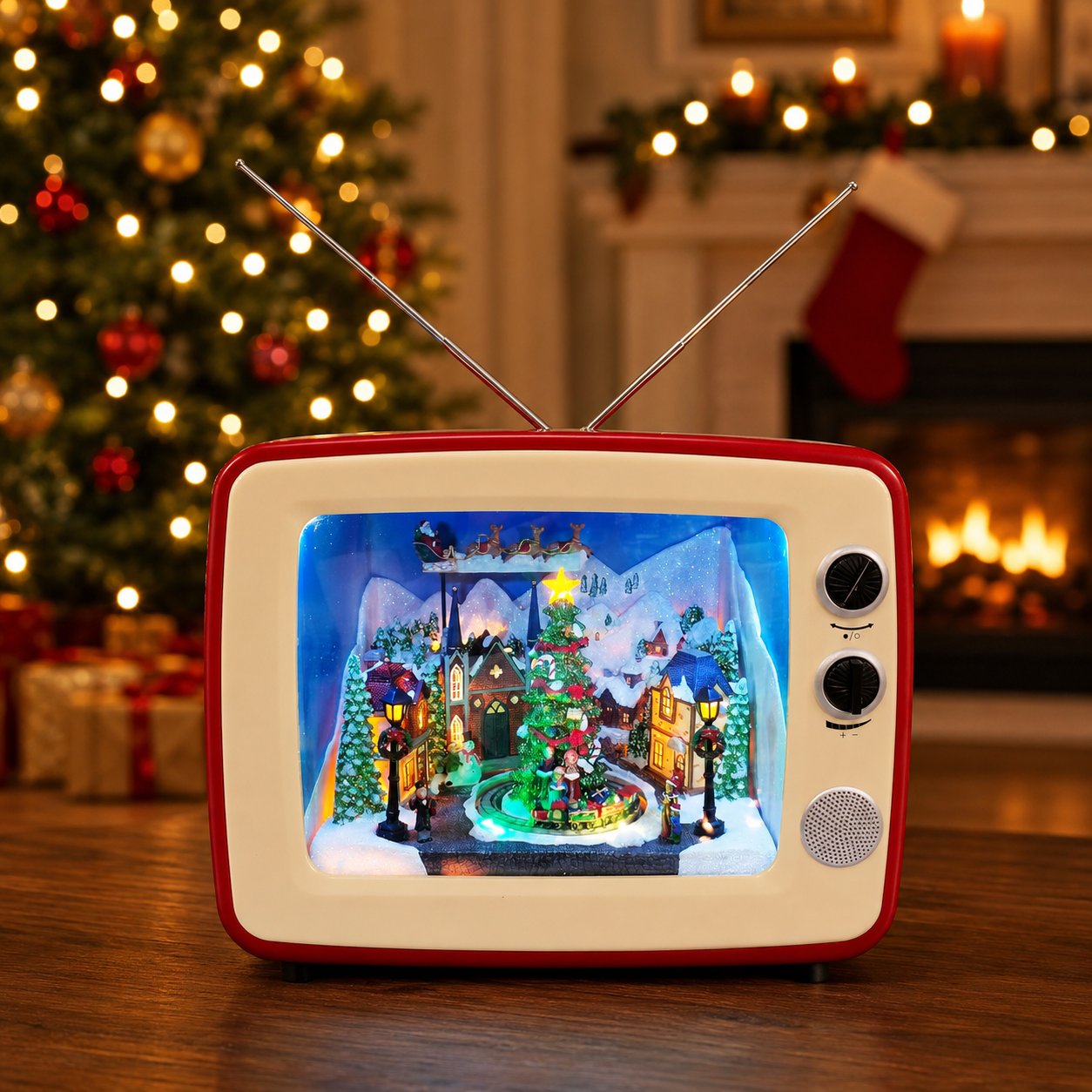 Animated Red Retro TV Christmas Decoration LED Lighted Holiday Scene with Santa Sleigh & Train