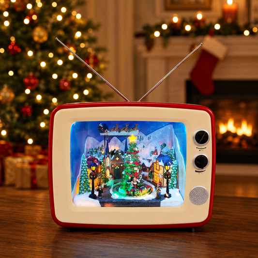Animated Red Retro TV Christmas Decoration LED Lighted Holiday Scene with Santa Sleigh & Train