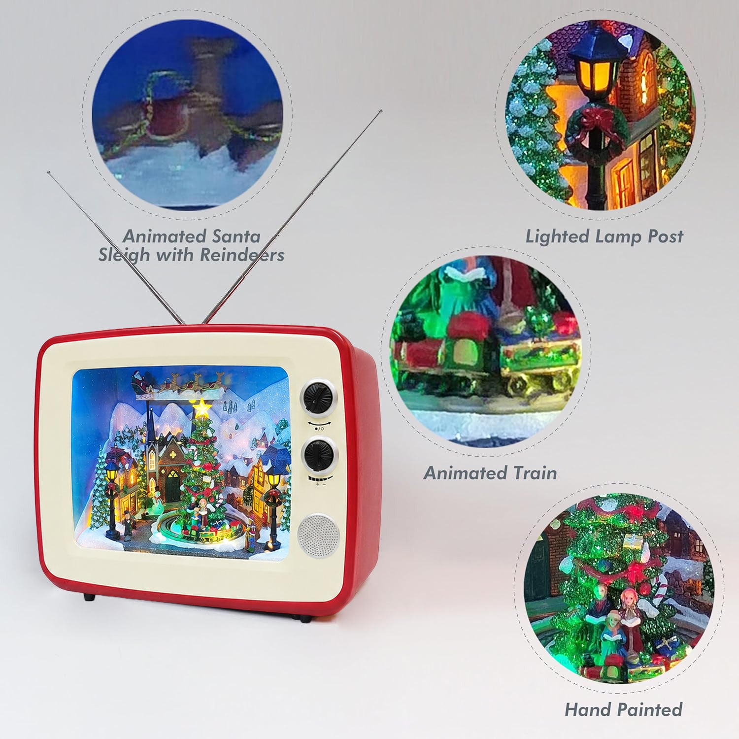 Animated Red Retro TV Christmas Decoration LED Lighted Holiday Scene with Santa Sleigh & Train