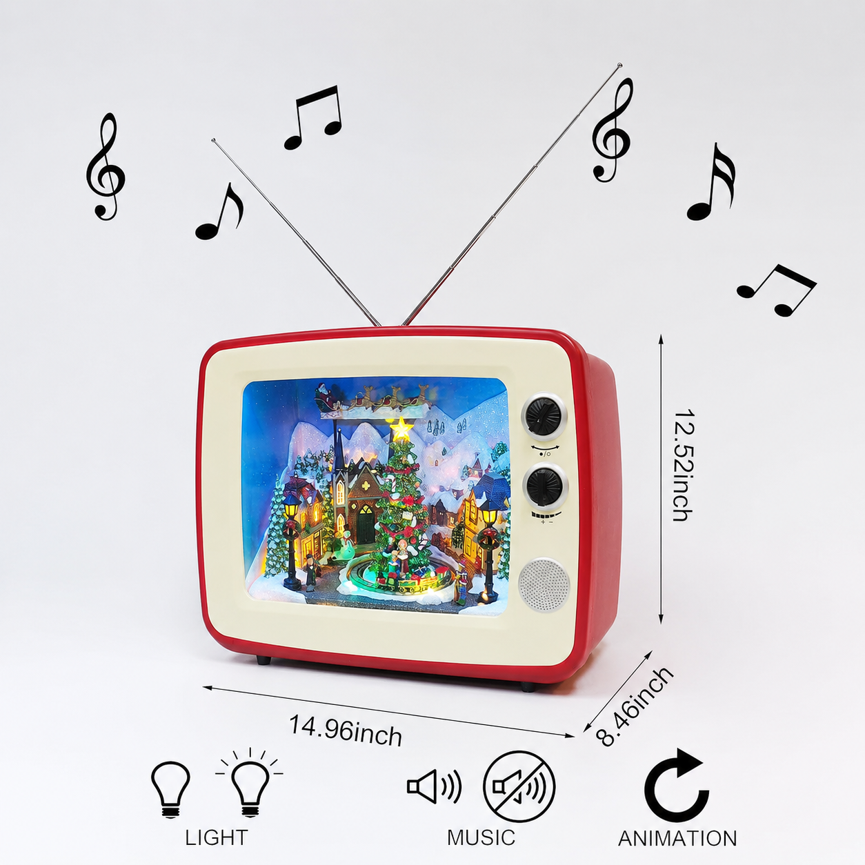 Animated Red Retro TV Christmas Decoration LED Lighted Holiday Scene with Santa Sleigh & Train