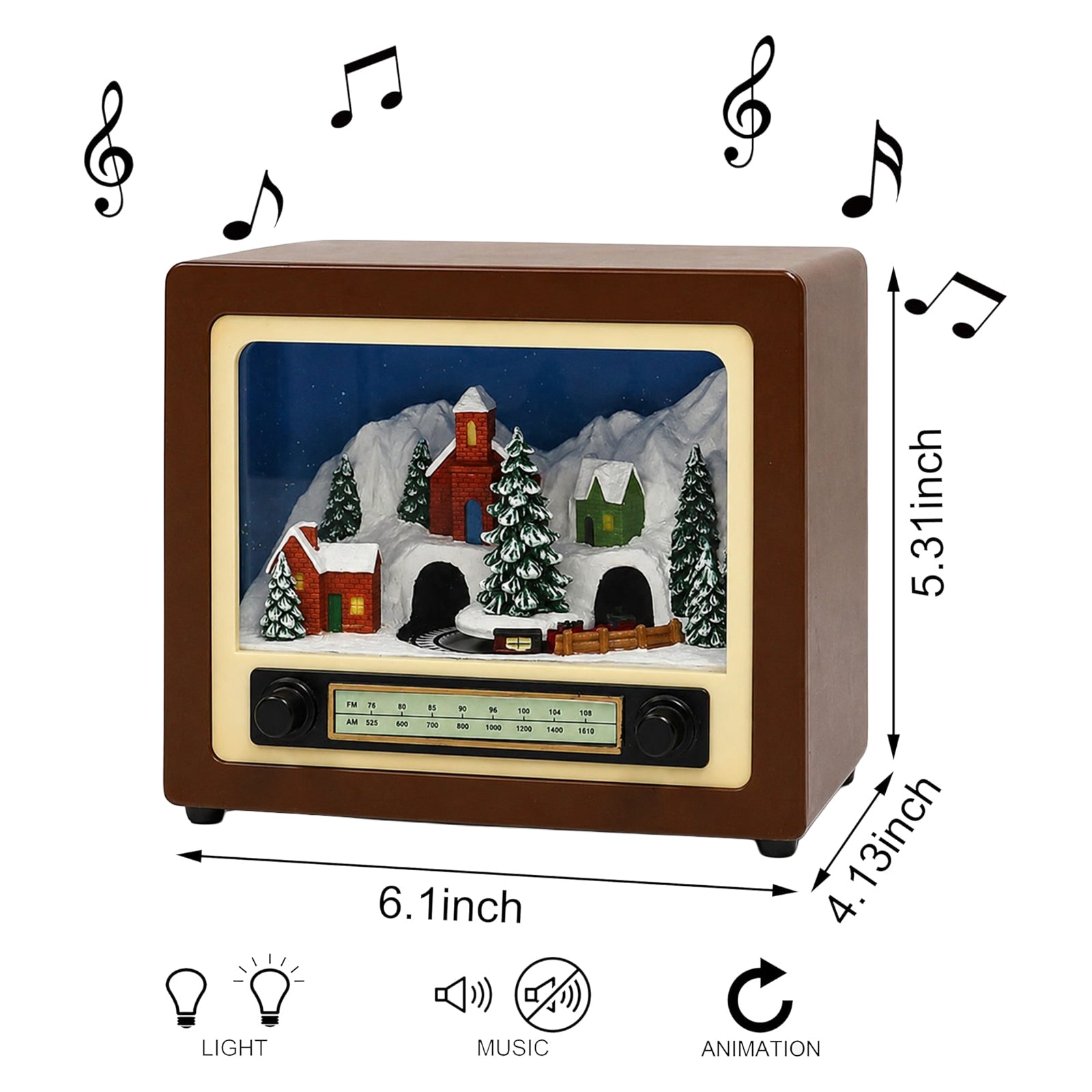 Animated Retro Radio with Snowy Mountain Scene (Moving Train) - LED Lights, 8 Classic 5.5