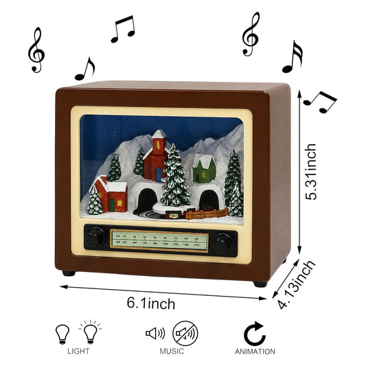 Animated Retro Radio with Snowy Mountain Scene (Moving Train) - LED Lights, 8 Classic 5.5" H