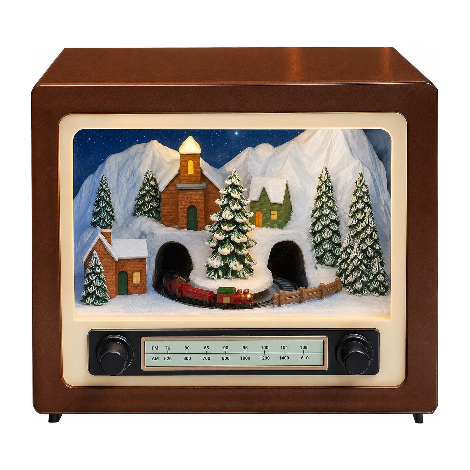 Animated Retro Radio with Snowy Mountain Scene (Moving Train) - LED Lights, 8 Classic 5.5