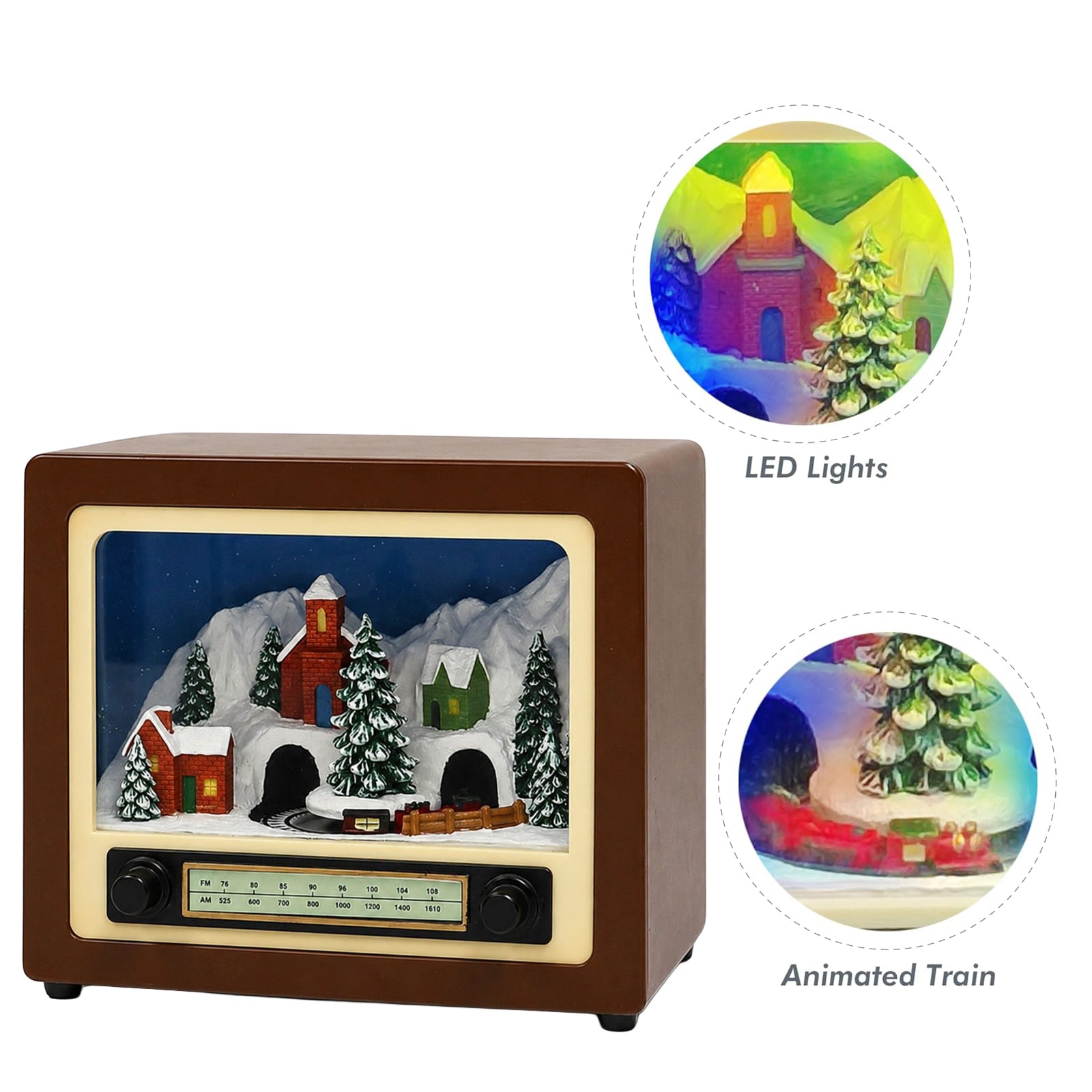 Animated Retro Radio with Snowy Mountain Scene (Moving Train) - LED Lights, 8 Classic 5.5