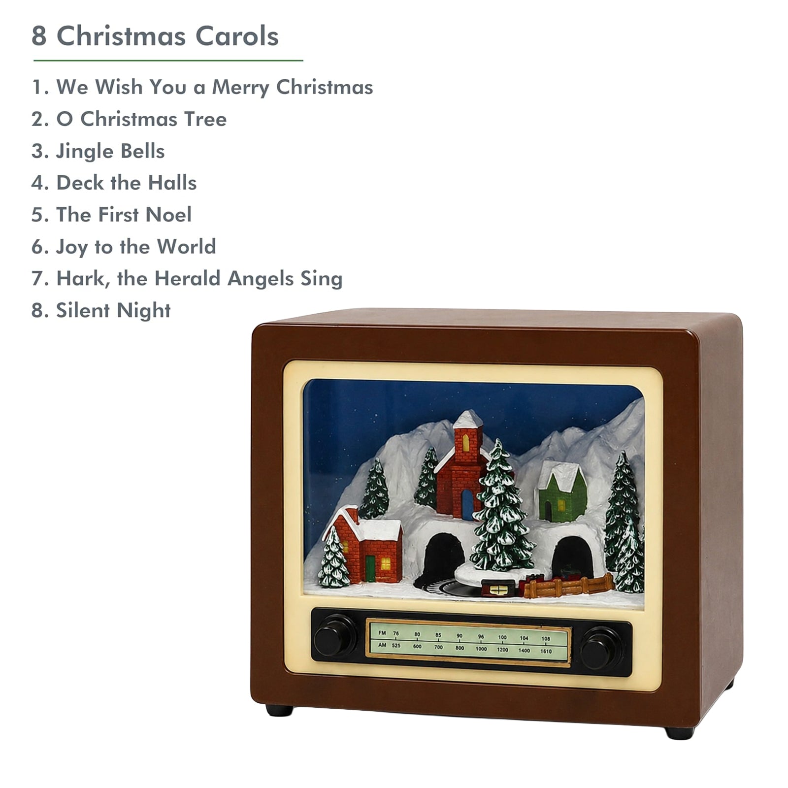 Animated Retro Radio with Snowy Mountain Scene (Moving Train) - LED Lights, 8 Classic 5.5