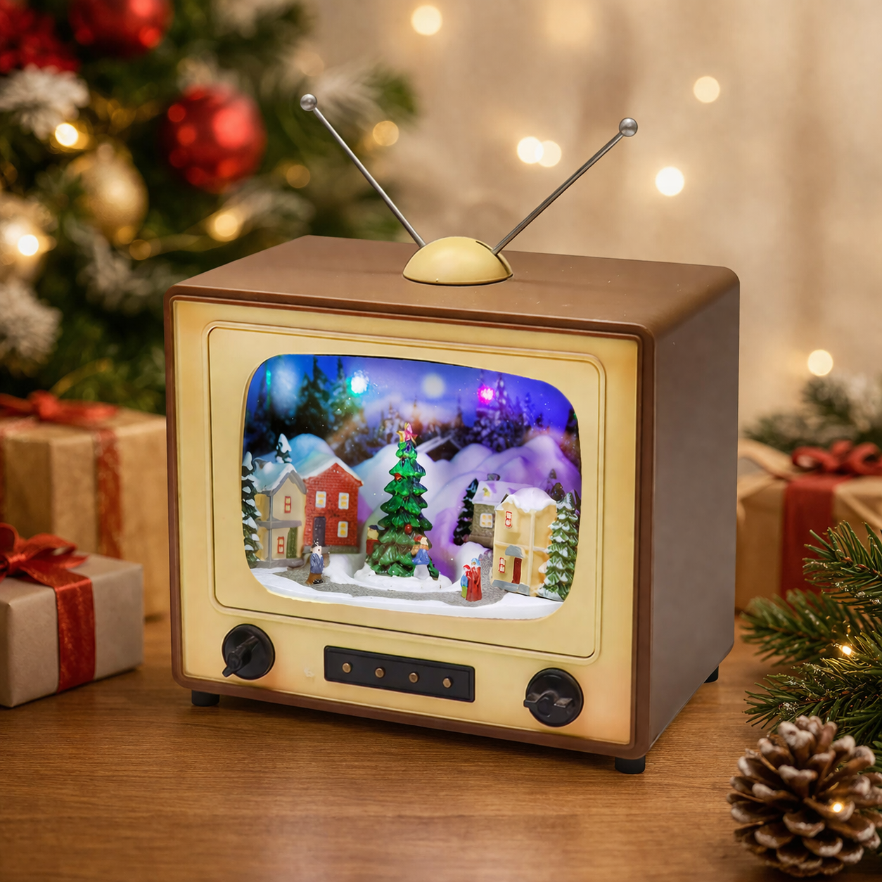 Animated Retro TV Christmas Village Scene 6” Hand-Painted Lighted Tabletop Décor