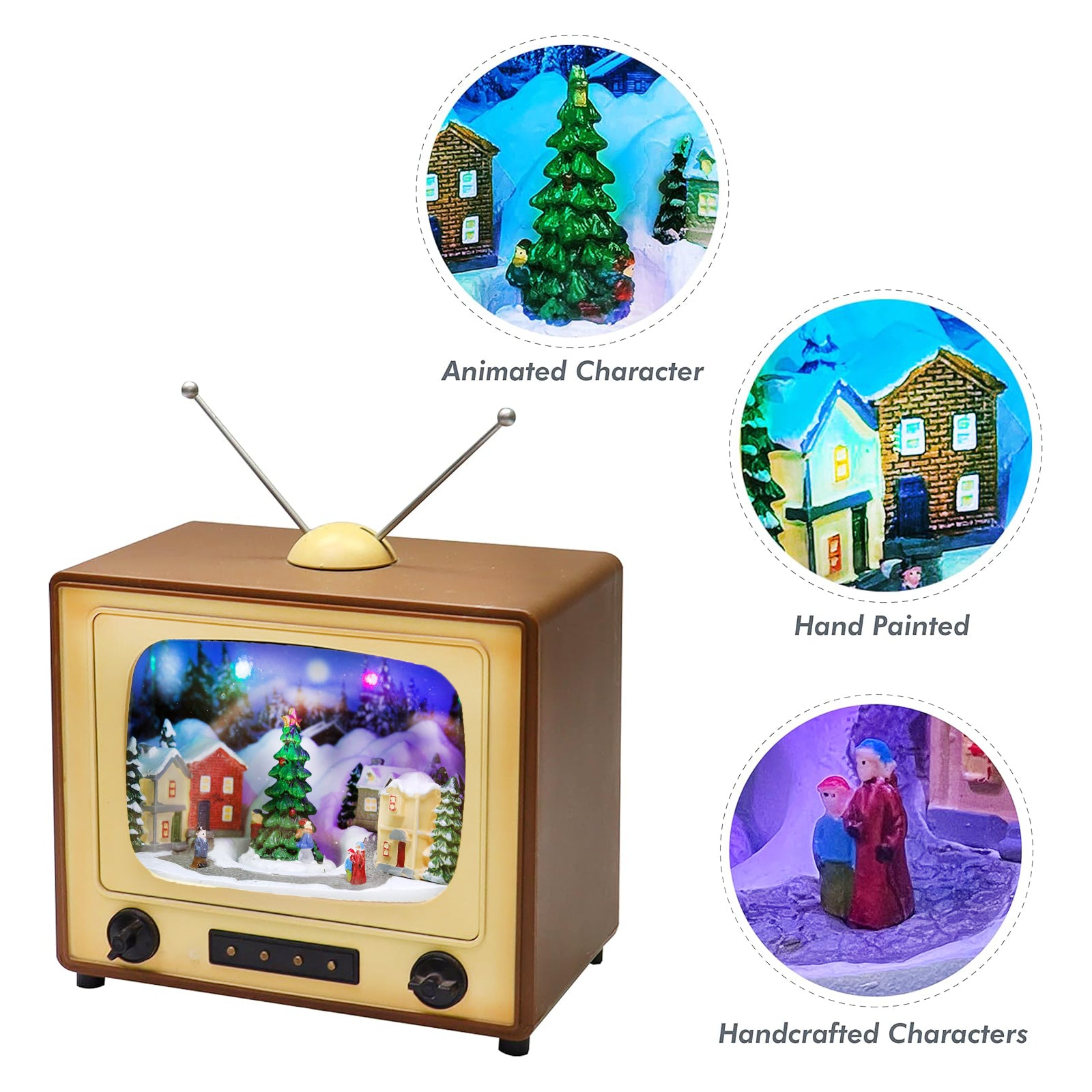 Animated Retro TV Christmas Village Scene 6” Hand-Painted Lighted Tabletop Décor