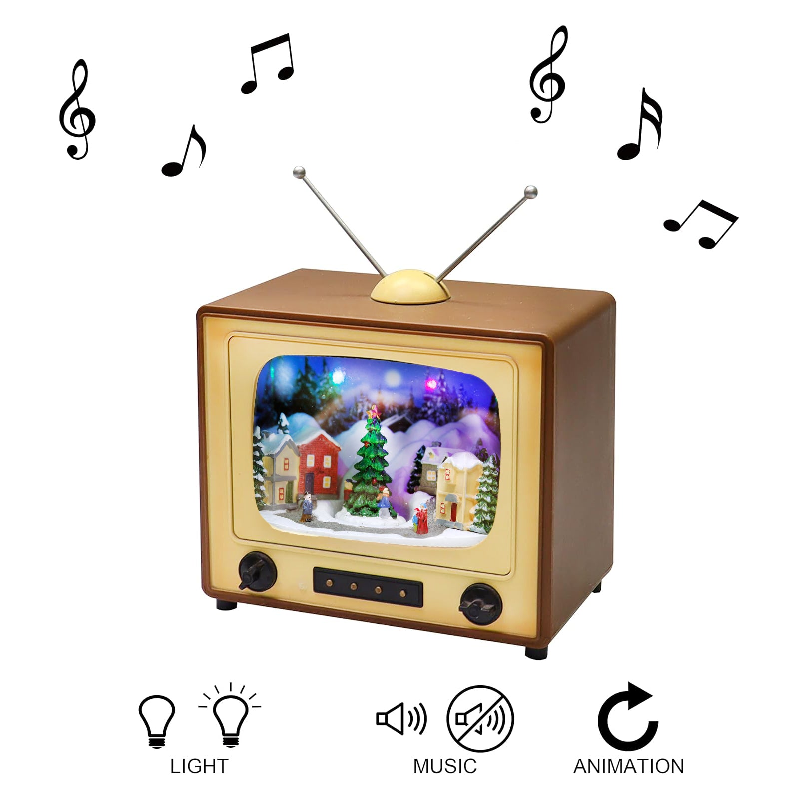 Animated Retro TV Christmas Village Scene 6” Hand-Painted Lighted Tabletop Décor