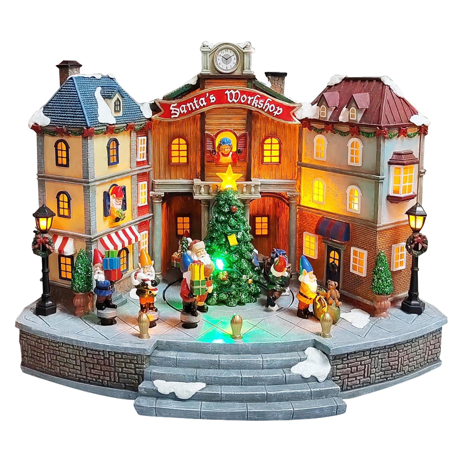 Animated Santa’s Workshop Town Center 10.83” LED Lights, Moving Christmas Tree