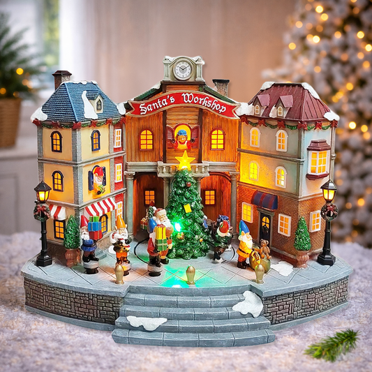 Animated Santa’s Workshop Town Center 10.83” LED Lights, Moving Christmas Tree