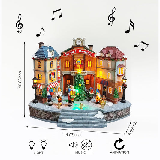 Animated Santa’s Workshop Town Center 10.83” LED Lights, Moving Christmas Tree