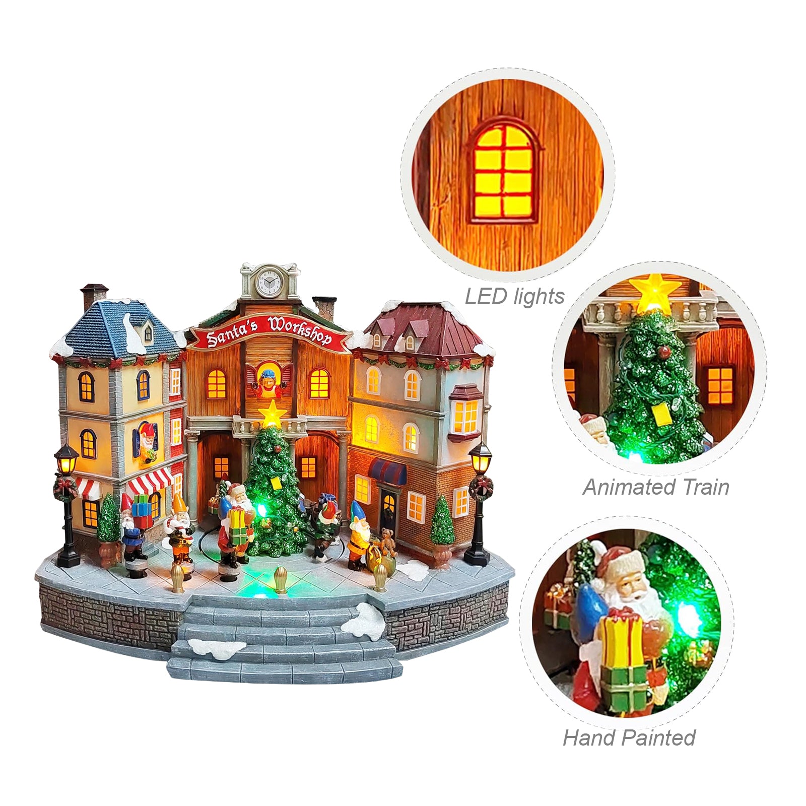 Animated Santa’s Workshop Town Center 10.83” LED Lights, Moving Christmas Tree