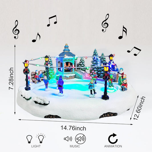 Animated Skating Pond 7.28”H LED Christmas Village Display with Moving Skaters, Lights & Music