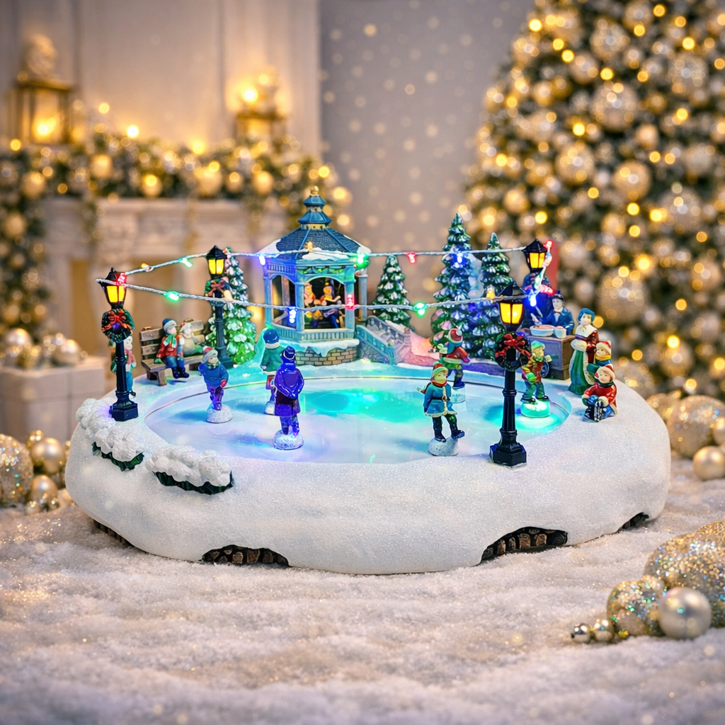 Animated Skating Pond 7.28”H LED Christmas Village Display with Moving Skaters, Lights & Music