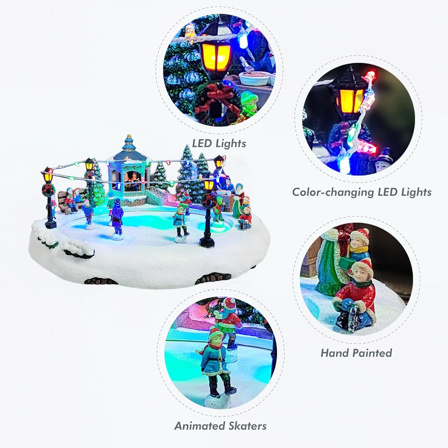 Animated Skating Pond 7.28”H LED Christmas Village Display with Moving Skaters, Lights & Music