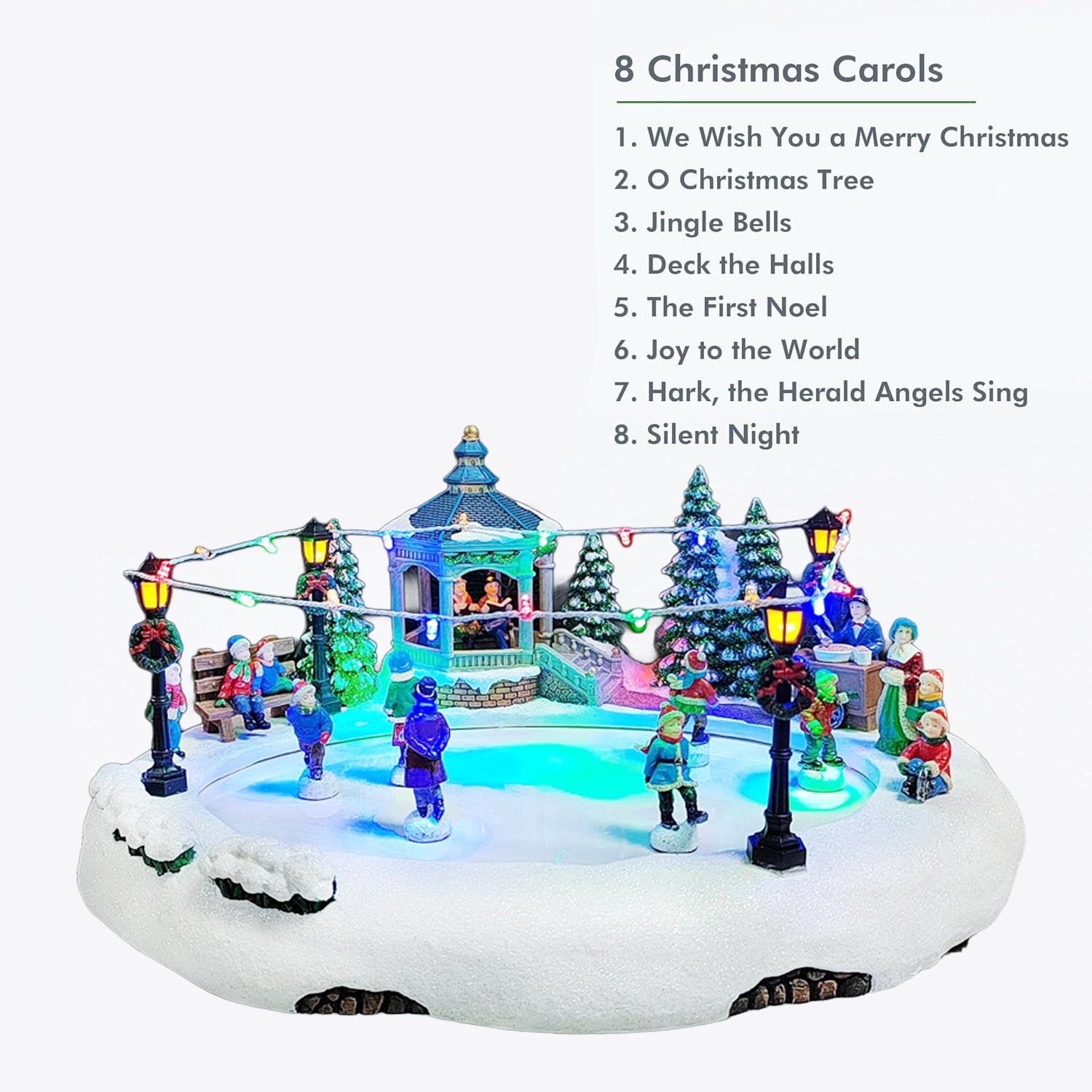 Animated Skating Pond 7.28”H LED Christmas Village Display with Moving Skaters, Lights & Music